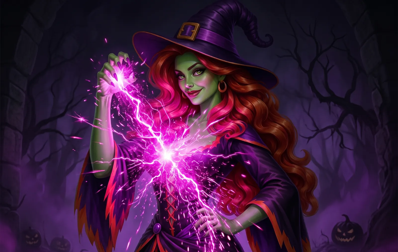 Magic Drops Halloween artwork: a witch casting pink sparks